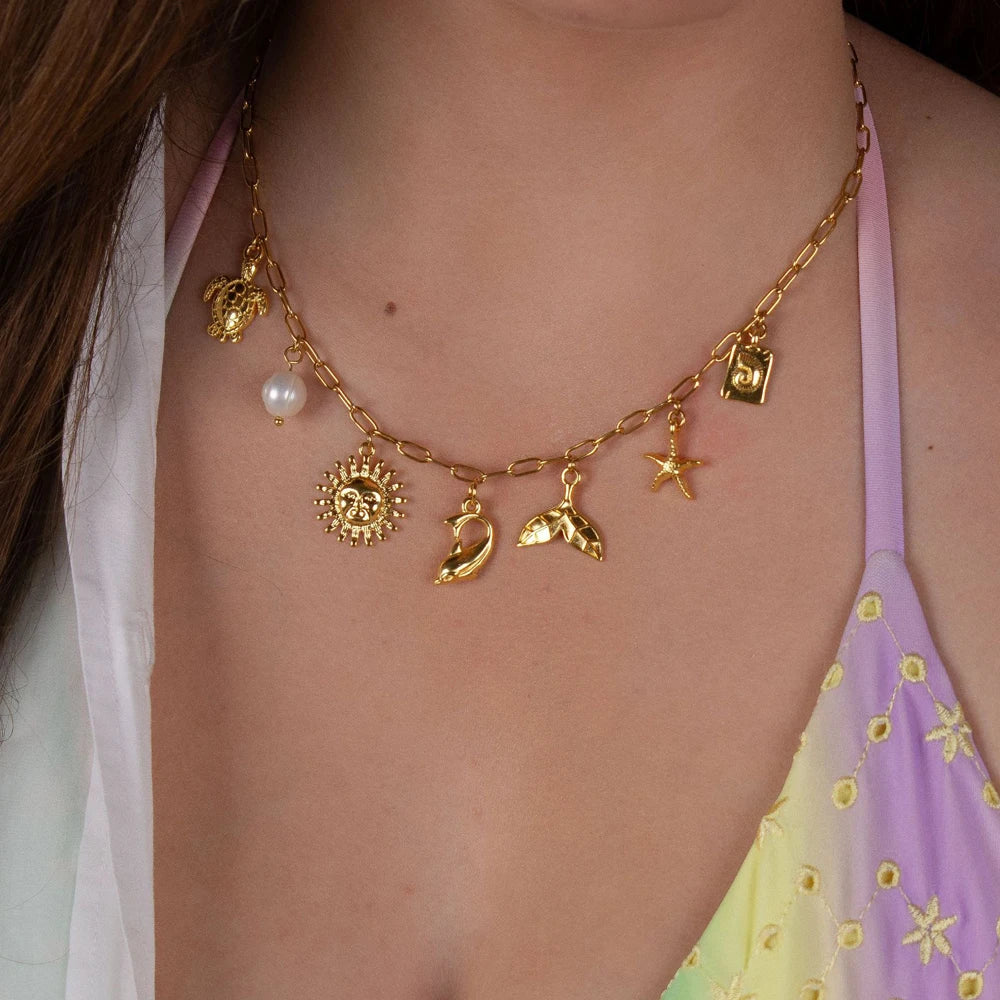 14K Gold Plated Stainless Steel Chain Necklace Conch Shell Turtle Starfish Necklace Summer Beach Dainty Jewelry for Women Girl