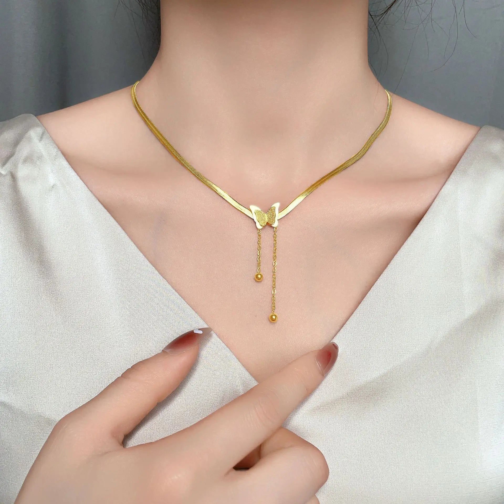 Multilayer Vintage Butterfly Necklace For Women Gold Color 316L Stainless Steel Blade Snake Chain Charms Choker Jewelry Gift