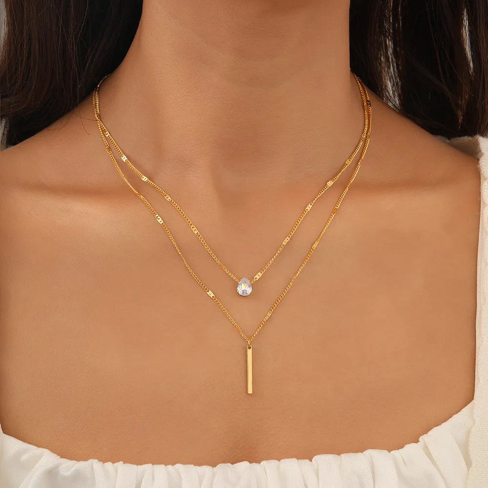 Vintage Layered Metal Bar Pendant Necklace for Women Daily Wear Gold Color Reactangle Clavicle Chain Collarbone Necklace Jewelry