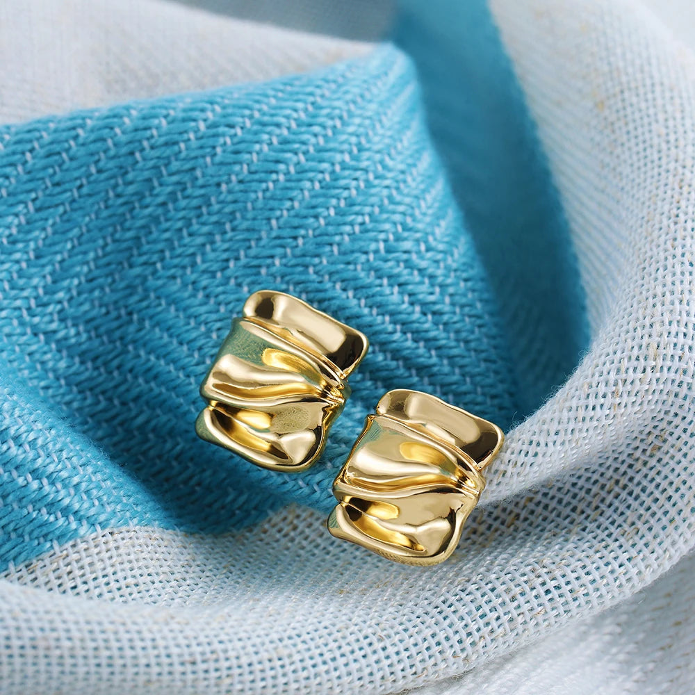 Punk Gold Plated Square Polished Small Stud Earrings for Women Girls Geometric Pleated Metal Cool Piercing Ear Jewelry Gifts