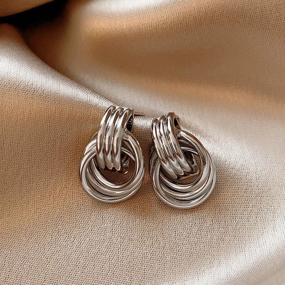 Fashion Glossy Three-Layer Textured Intersecting Knot Earrings for Women Gold Color Stainless Steel Earring Vintage Jewelry Gift