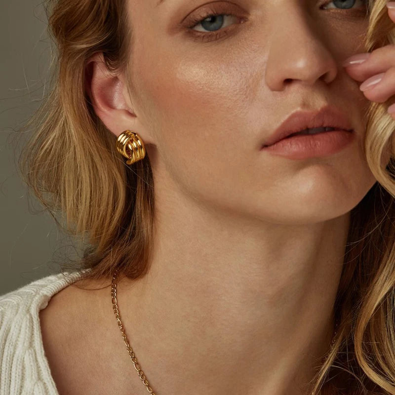 Fashion Glossy Three-Layer Textured Intersecting Knot Earrings for Women Gold Color Stainless Steel Earring Vintage Jewelry Gift