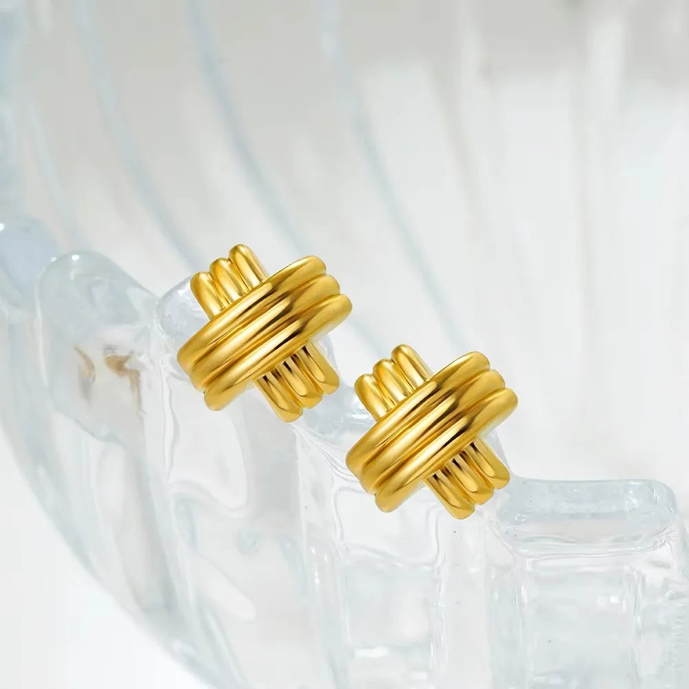 Fashion Glossy Three-Layer Textured Intersecting Knot Earrings for Women Gold Color Stainless Steel Earring Vintage Jewelry Gift
