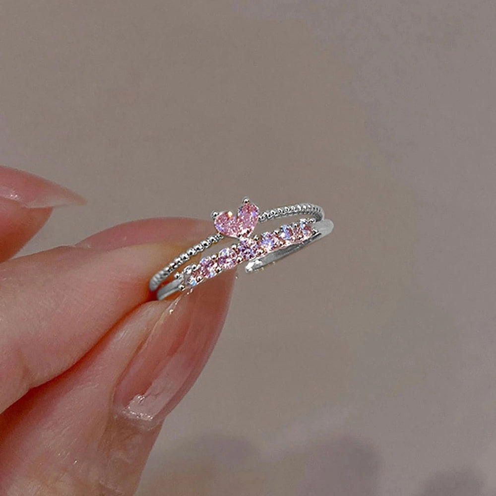 2PCS Aesthetic Elegant Dainty Crystal Heart Rings for Women Girls Gold Color Stackable Delicated Love Finger Ring Set Jewelry