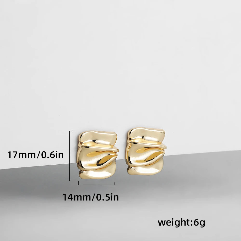 Punk Gold Plated Square Polished Small Stud Earrings for Women Girls Geometric Pleated Metal Cool Piercing Ear Jewelry Gifts