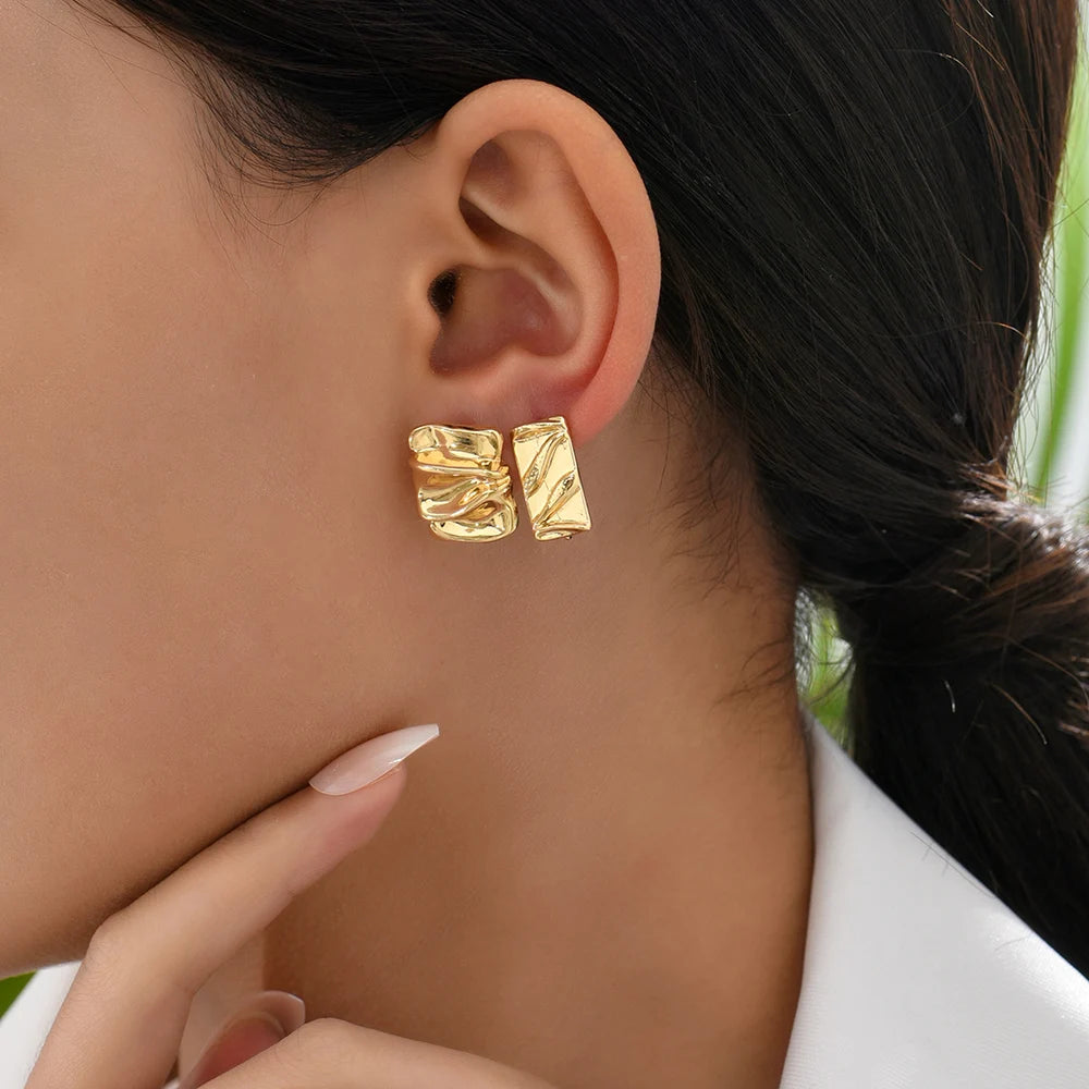 Punk Gold Plated Square Polished Small Stud Earrings for Women Girls Geometric Pleated Metal Cool Piercing Ear Jewelry Gifts