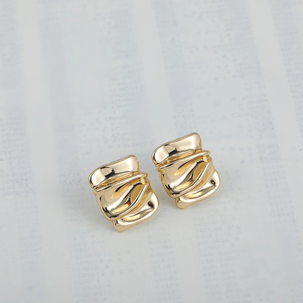 Punk Gold Plated Square Polished Small Stud Earrings for Women Girls Geometric Pleated Metal Cool Piercing Ear Jewelry Gifts