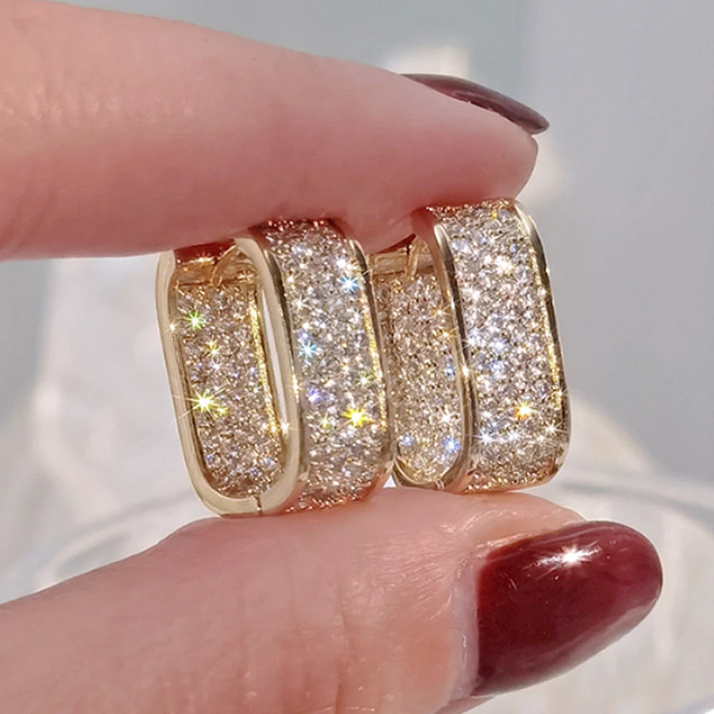 Huitan Korean Fashion Paved CZ Hoop Earrings for Women Metal Silver Color/Gold Color Simple Versatile Girls Earrings Hot Jewelry