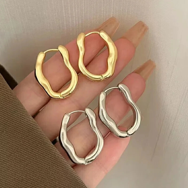Gold Silver Color Irregular Geometric Metallic Hoop Earrings for Women Simple Cool Ear Buckle Personalized Party Fashion Jewelry