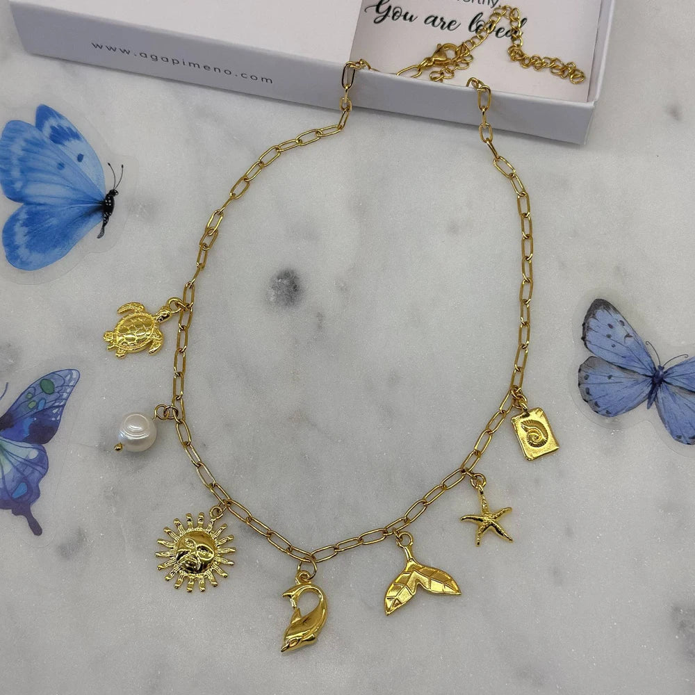 14K Gold Plated Stainless Steel Chain Necklace Conch Shell Turtle Starfish Necklace Summer Beach Dainty Jewelry for Women Girl