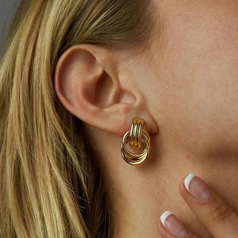 Fashion Glossy Three-Layer Textured Intersecting Knot Earrings for Women Gold Color Stainless Steel Earring Vintage Jewelry Gift
