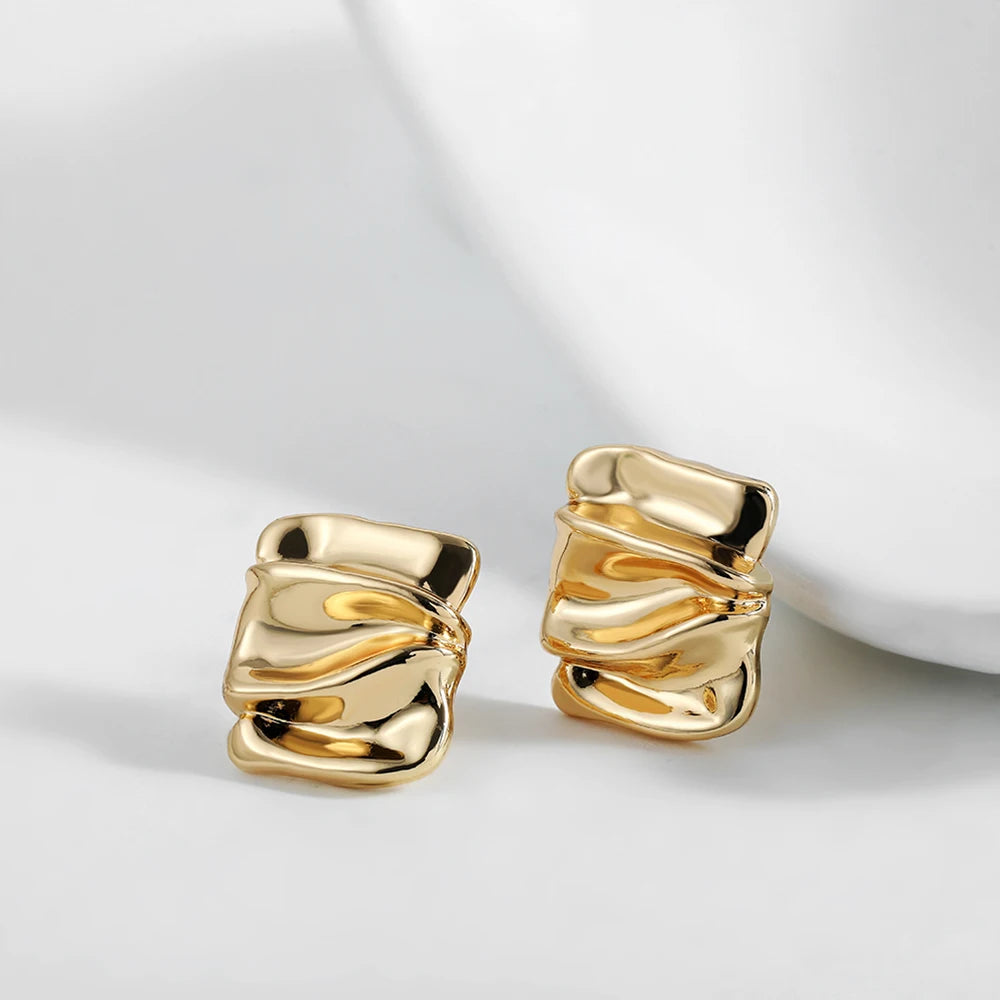 Punk Gold Plated Square Polished Small Stud Earrings for Women Girls Geometric Pleated Metal Cool Piercing Ear Jewelry Gifts