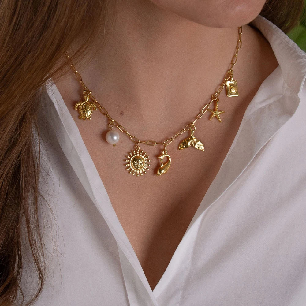 14K Gold Plated Stainless Steel Chain Necklace Conch Shell Turtle Starfish Necklace Summer Beach Dainty Jewelry for Women Girl