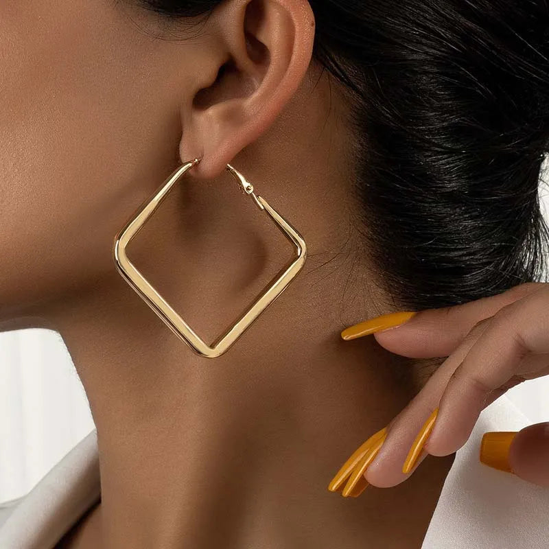 2024 Fashion Gold Color Big Square Hoop Earrings For Women Exaggerated Metal Geometric Irregular Circle Earrings Jewelry