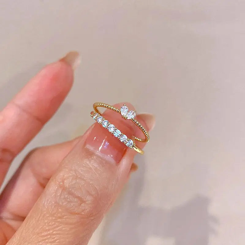 2PCS Aesthetic Elegant Dainty Crystal Heart Rings for Women Girls Gold Color Stackable Delicated Love Finger Ring Set Jewelry