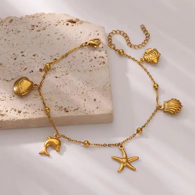 Cute Ocean Animal Anklets for Women Stainless Steel Gold Color Leg Chain Ankle Bracelet Summer Beach Foot Jewelry Accessories